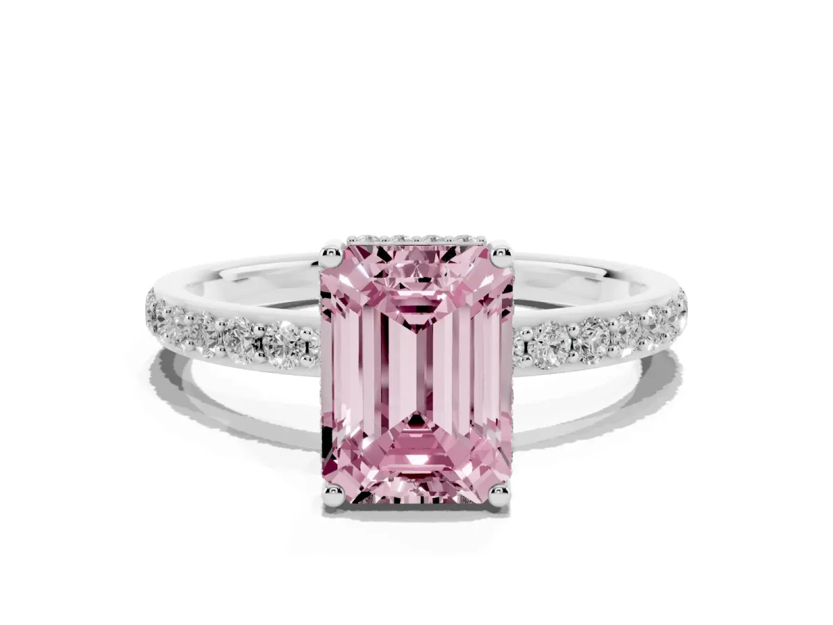 Fancy Pink Emerald Cut Diamond Solitaire Ring with Pavé Band and Hidden Halo Silver