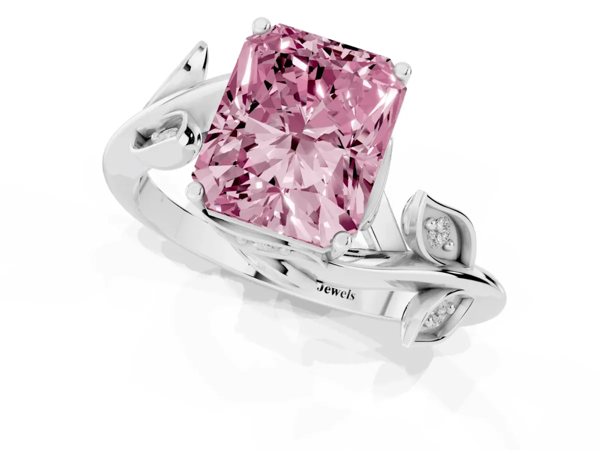 Fancy Pink Radiant Cut Solitaire Twist Engagement Ring with Leaf Accents and Prong Setting White gold
