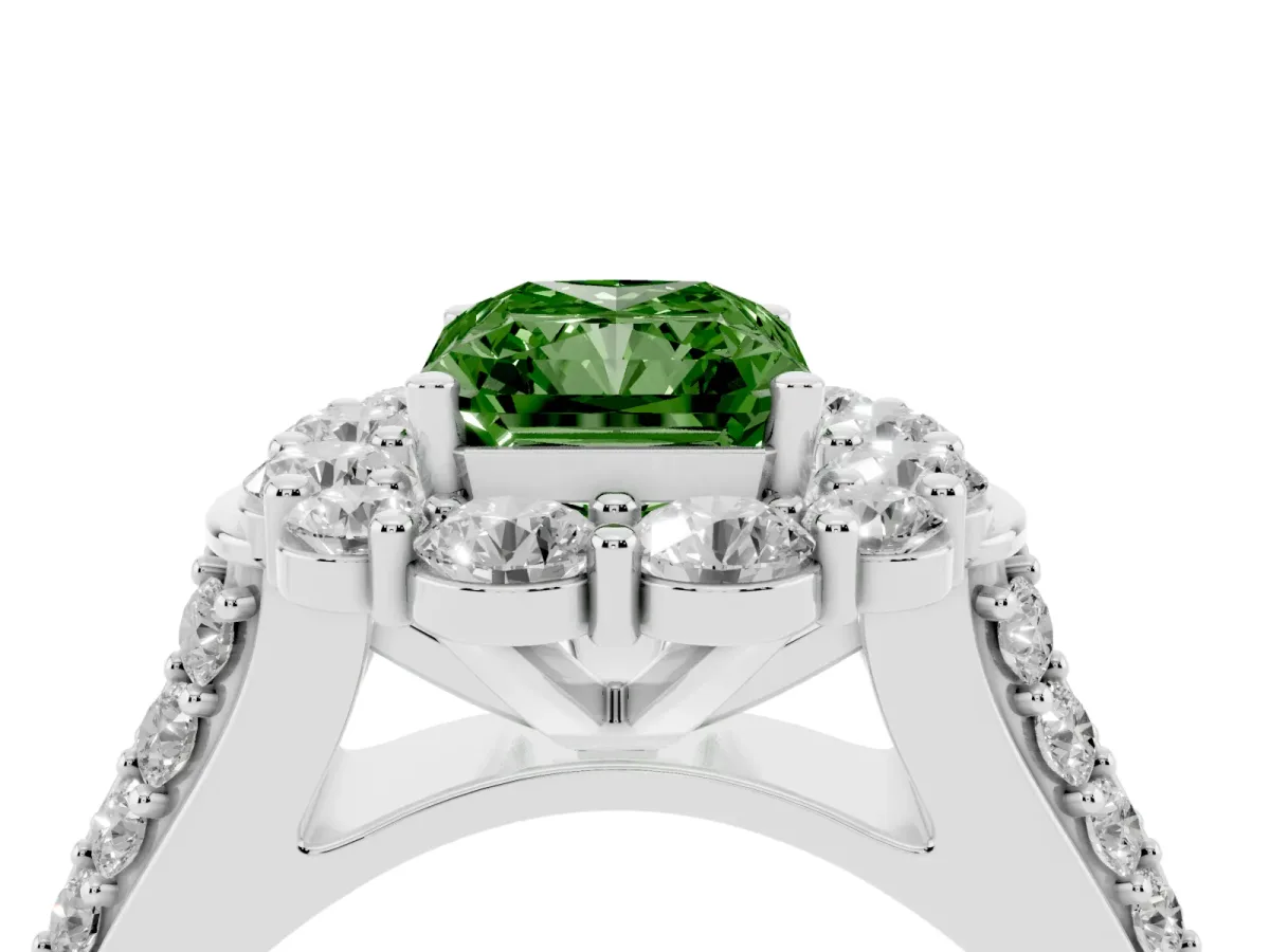 Fancy Green Radiant Cut Halo Diamond Engagement Ring with Split Shank and Prong Setting Silver