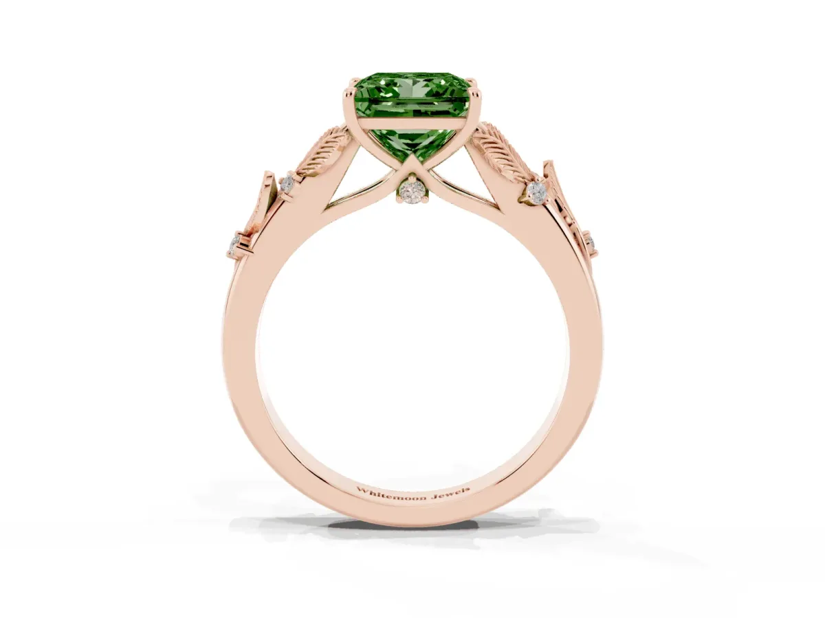 Fancy Green Princess Cut Diamond Solitaire Ring with Leaf Motif Band and Four-Prong Setting Rose gold
