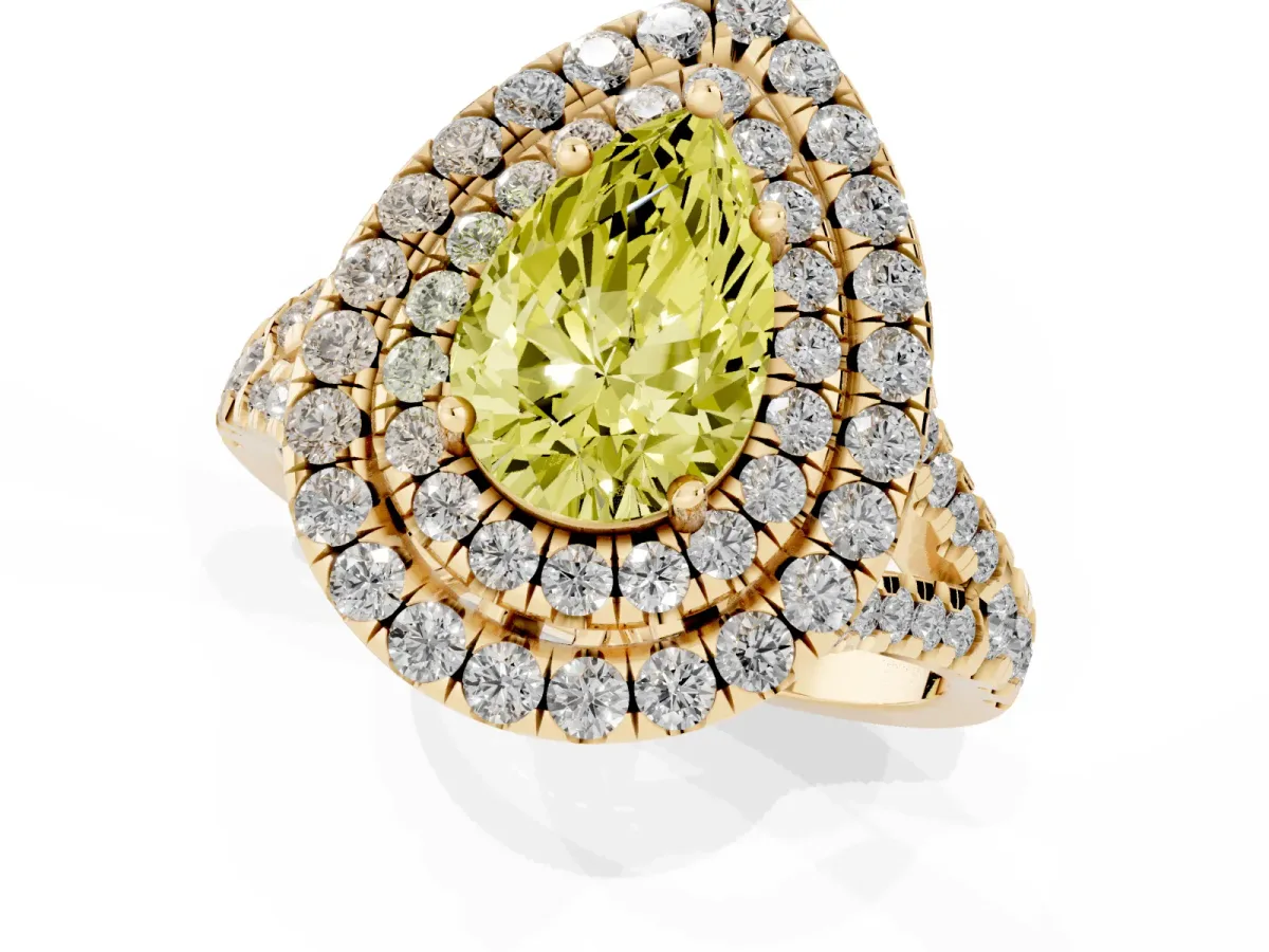Fancy Yellow Double Halo Pear Cut Diamond Pavé Split Shank Ring with Prong Setting Yellow gold