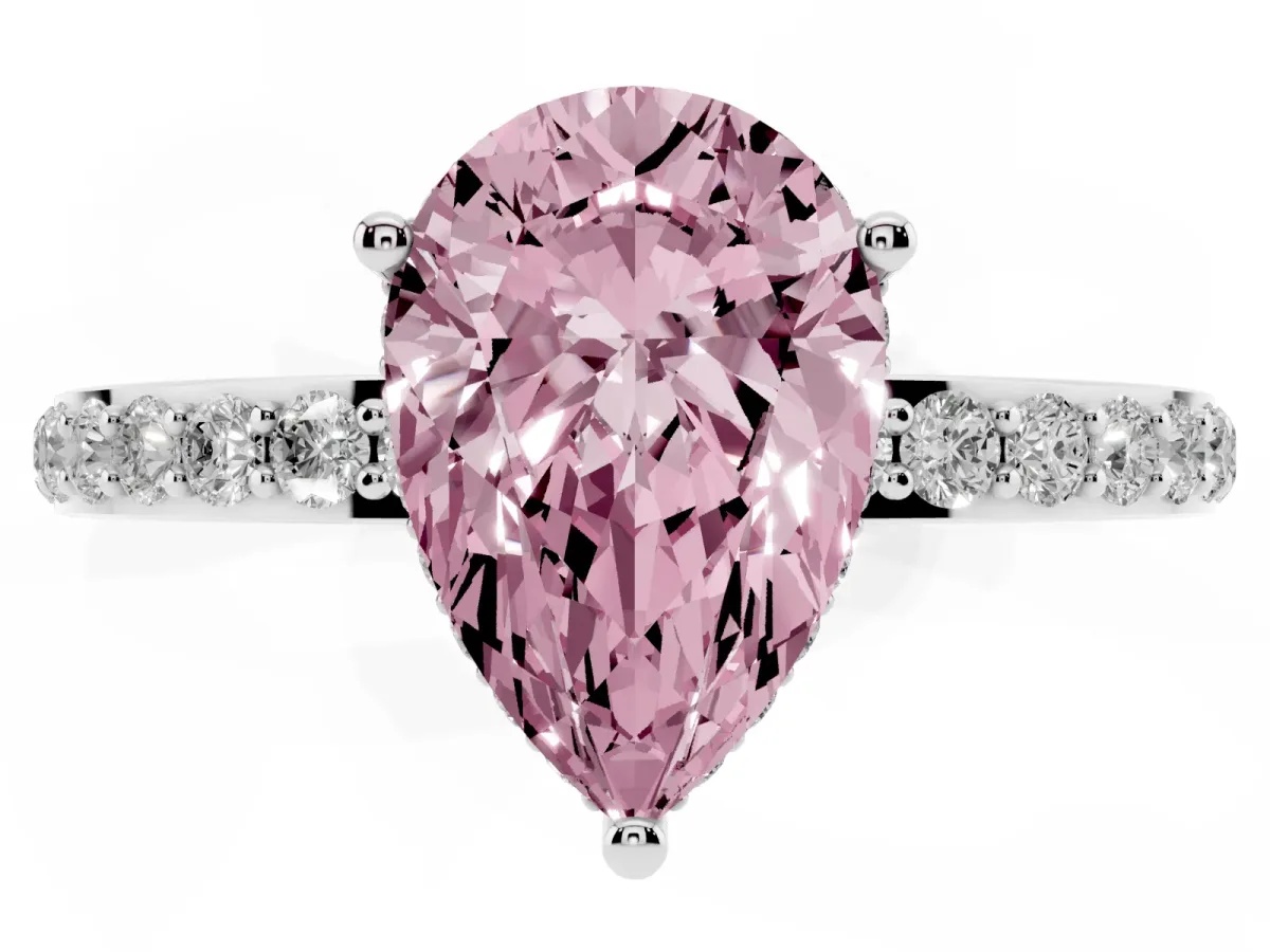 Fancy Pink Pear Cut Diamond Solitaire Ring with Pavé Band and Hidden Halo White gold