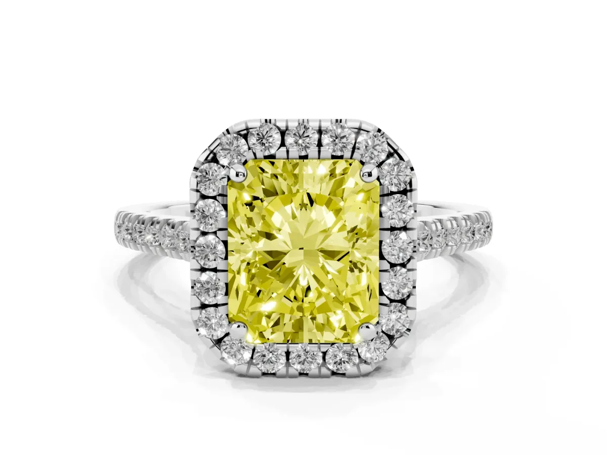 Fancy Yellow Radiant Cut Diamond Cushion Halo Ring with Pavé Band Silver