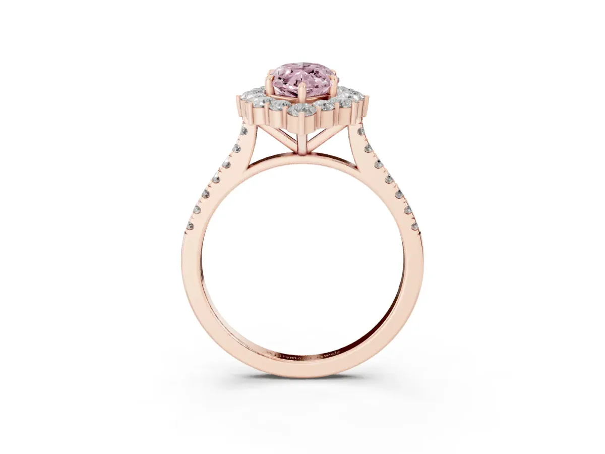Fancy Pink Marquise Cut Halo Diamond Ring with Pavé Band and Prong Setting Rose gold