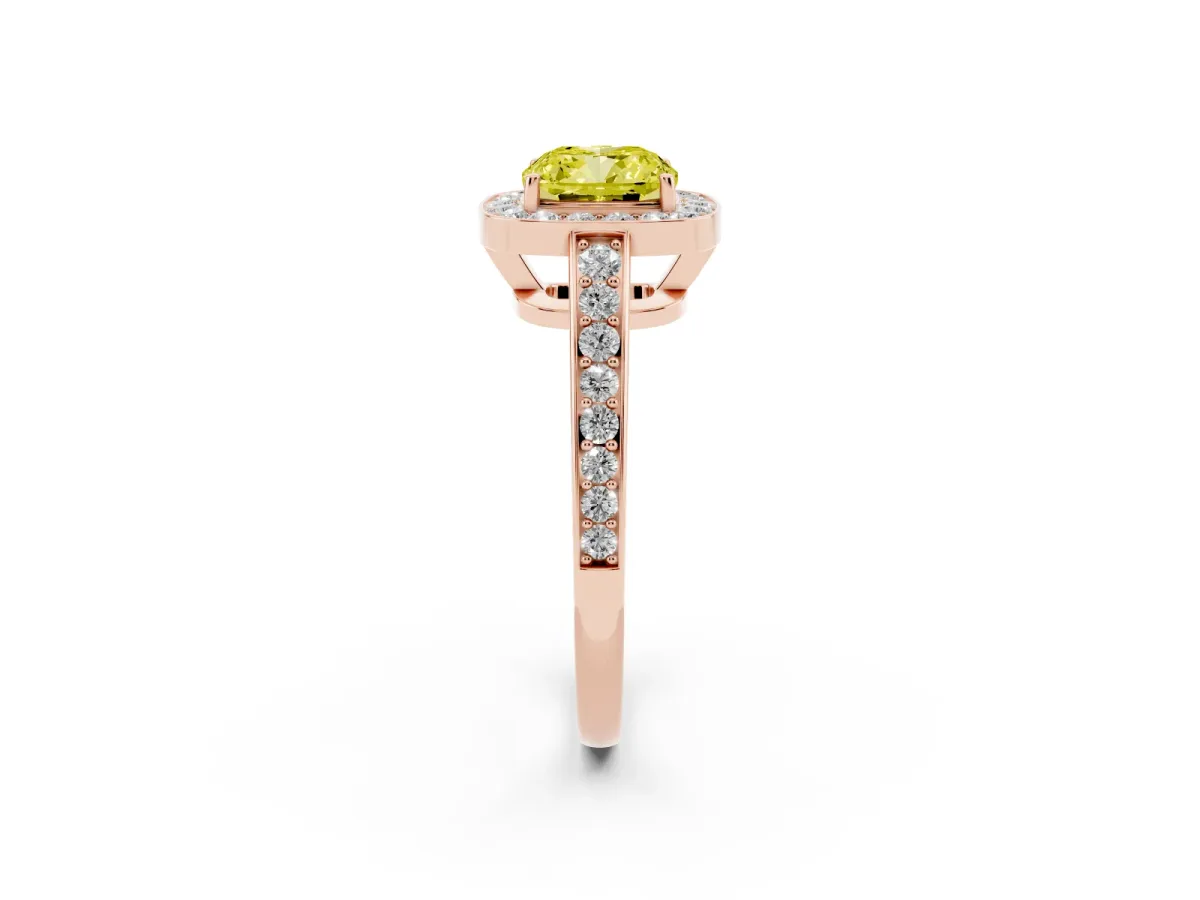 Fancy Yellow Cushion Cut Halo Pavé Diamond Engagement Ring with Bezel Setting Rose gold