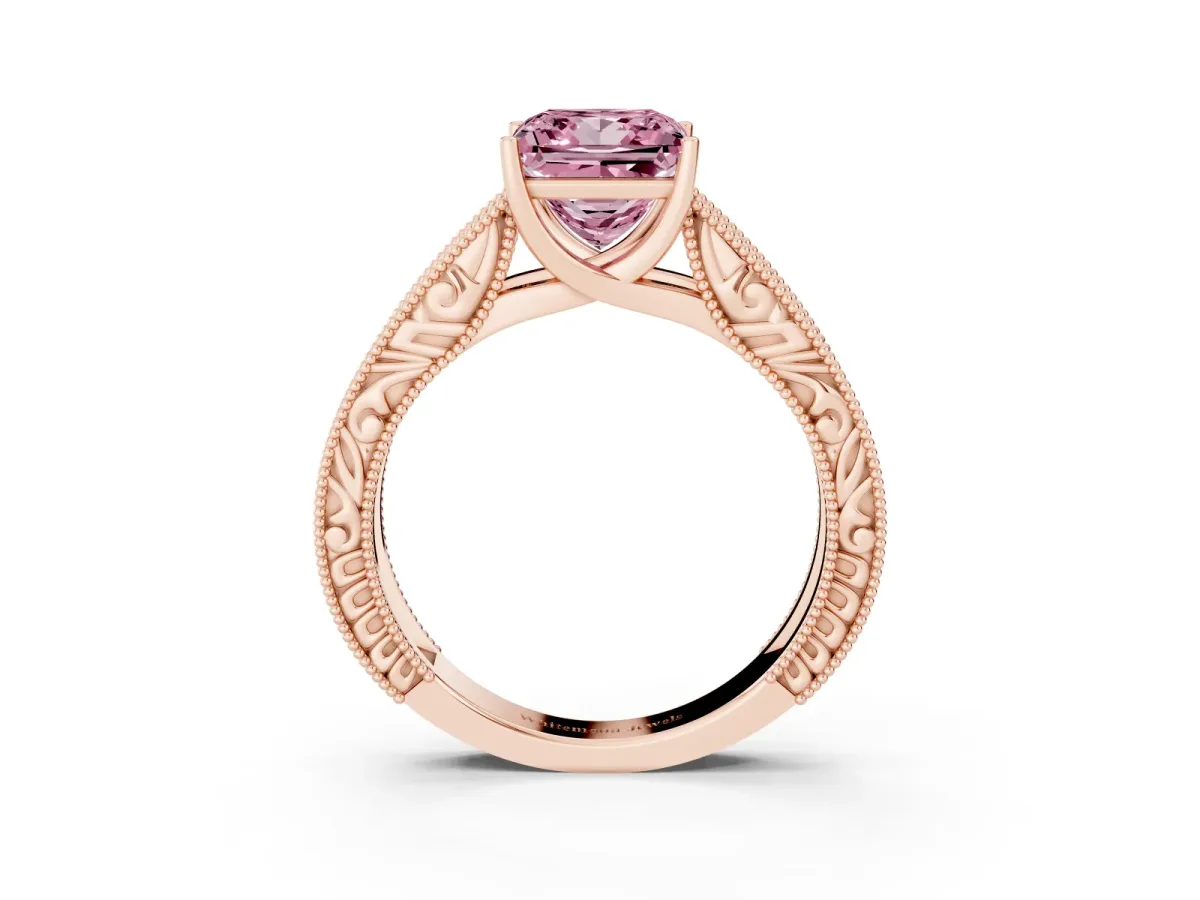 Fancy Pink Princess Cut Diamond Solitaire Ring with Engraved Band and Four-Prong Setting Rose gold