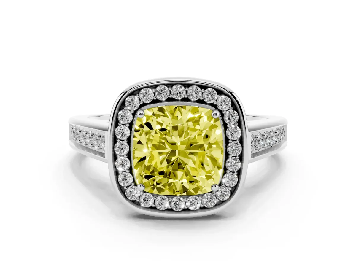 Fancy Yellow Cushion Cut Halo Solitaire Diamond Ring with Pave Band and Bezel Setting Platinum