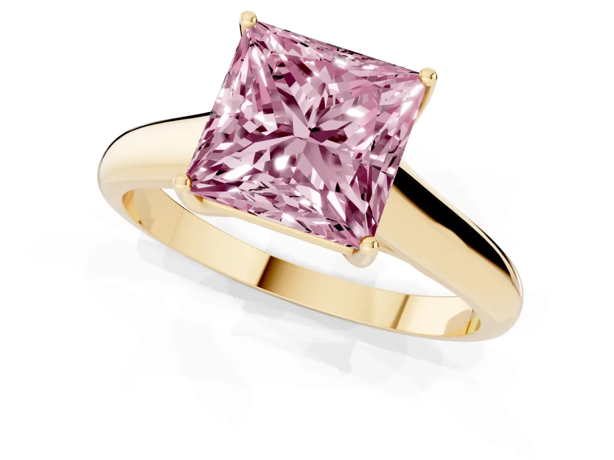 Fancy Pink Princess Cut Solitaire Engagement Ring with Tapered Band and Four-Prong Setting Yellow gold