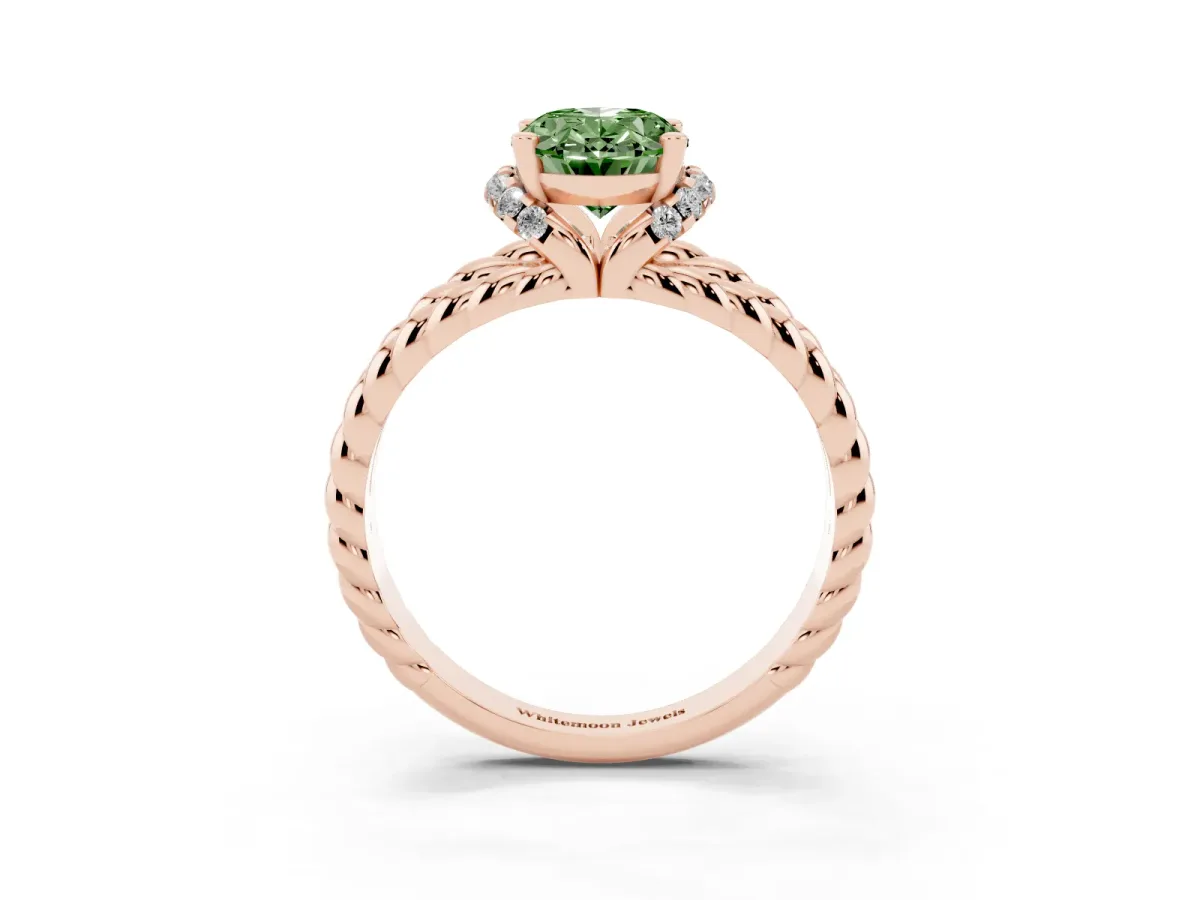 Fancy Green Oval Cut Halo Twisted Band Four-Prong Ring Rose gold