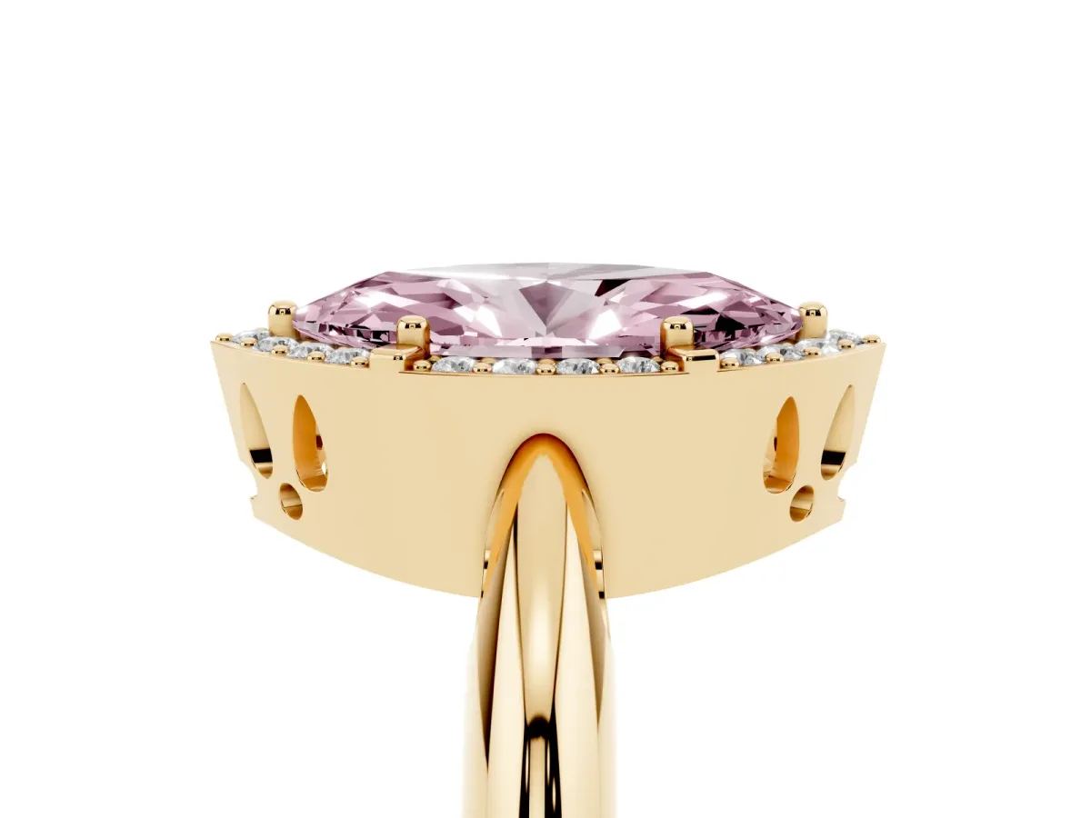 Fancy Pink Marquise Cut Cut Diamond Halo Engagement Ring with Split Shank and Four-Prong Setting Yellow gold