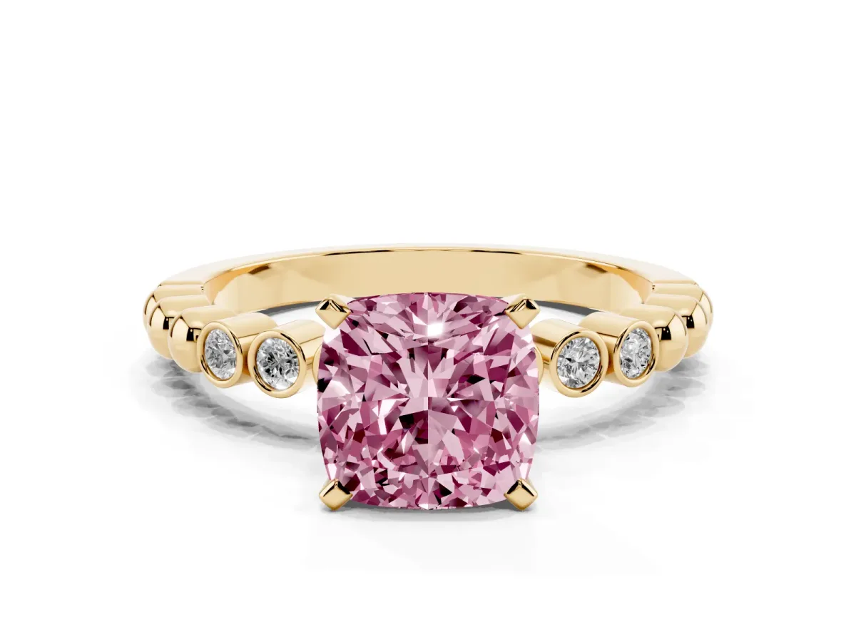 Fancy Pink Cushion Cut Solitaire Bezel Accent Diamond Engagement Ring with Beaded Band and Four-Prong Setting Yellow gold