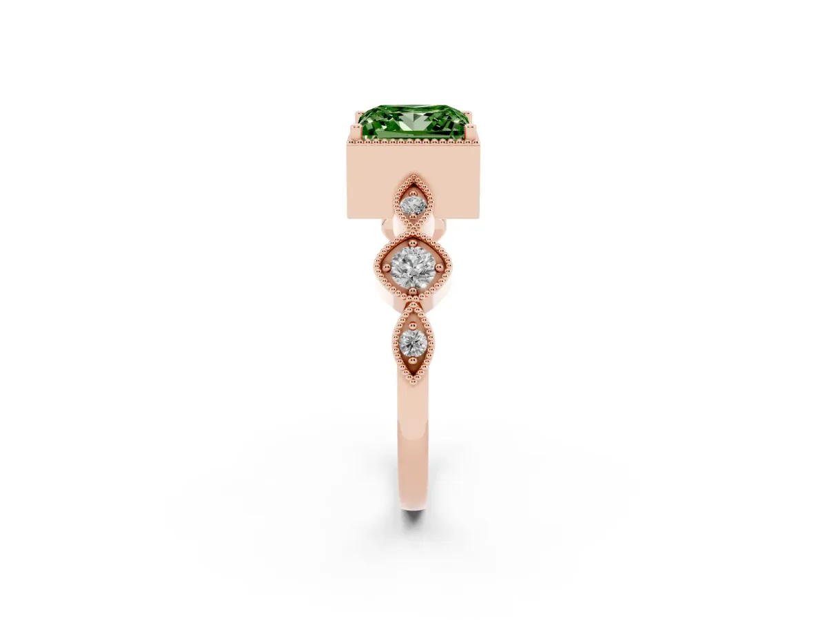 Fancy Green Princess Cut Diamond Vintage Milgrain Ring with Round Stations Rose gold