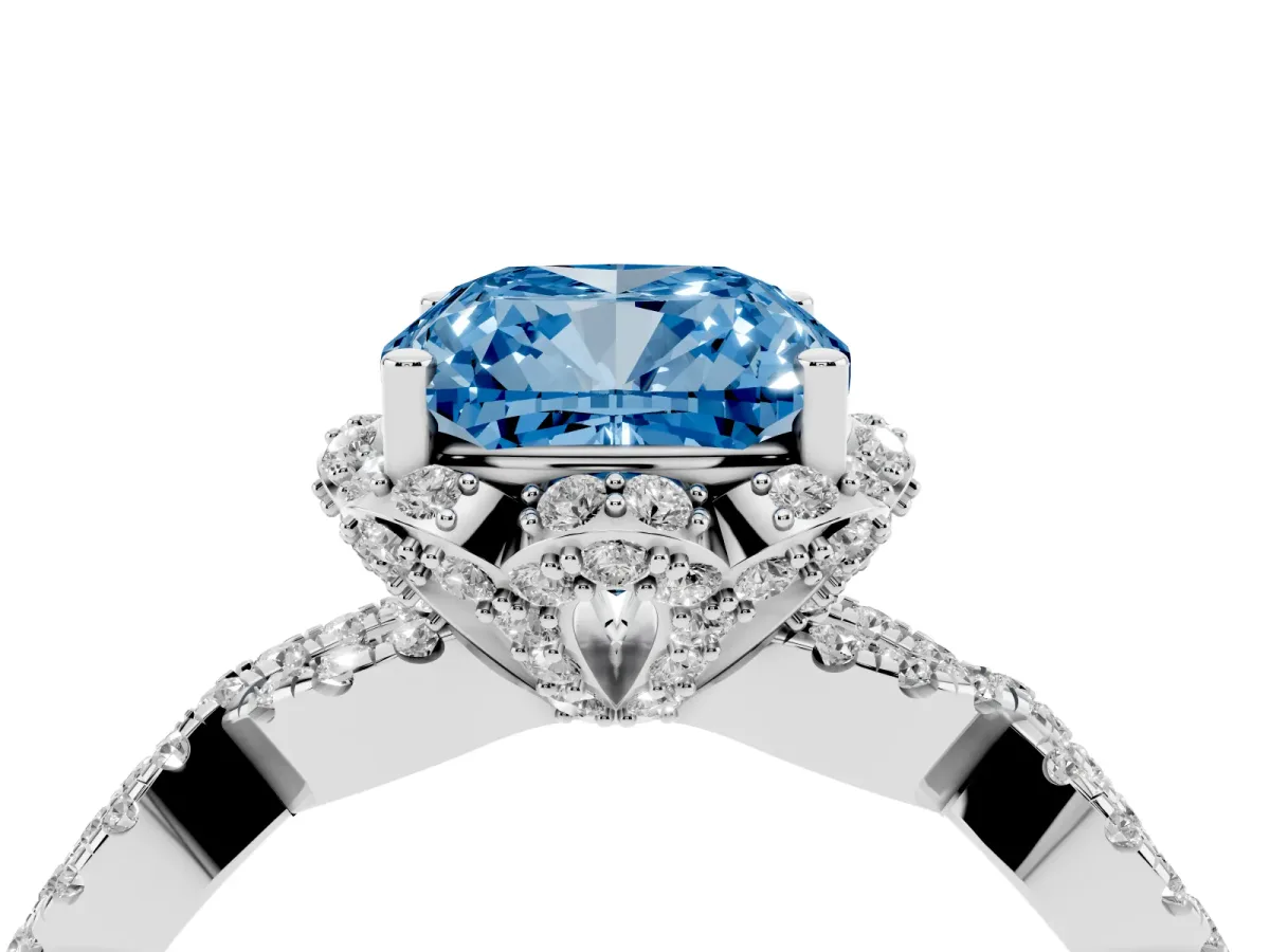 Fancy Blue Cushion Cut Halo Twist Band Solitaire Ring with Six-Prong Setting Silver