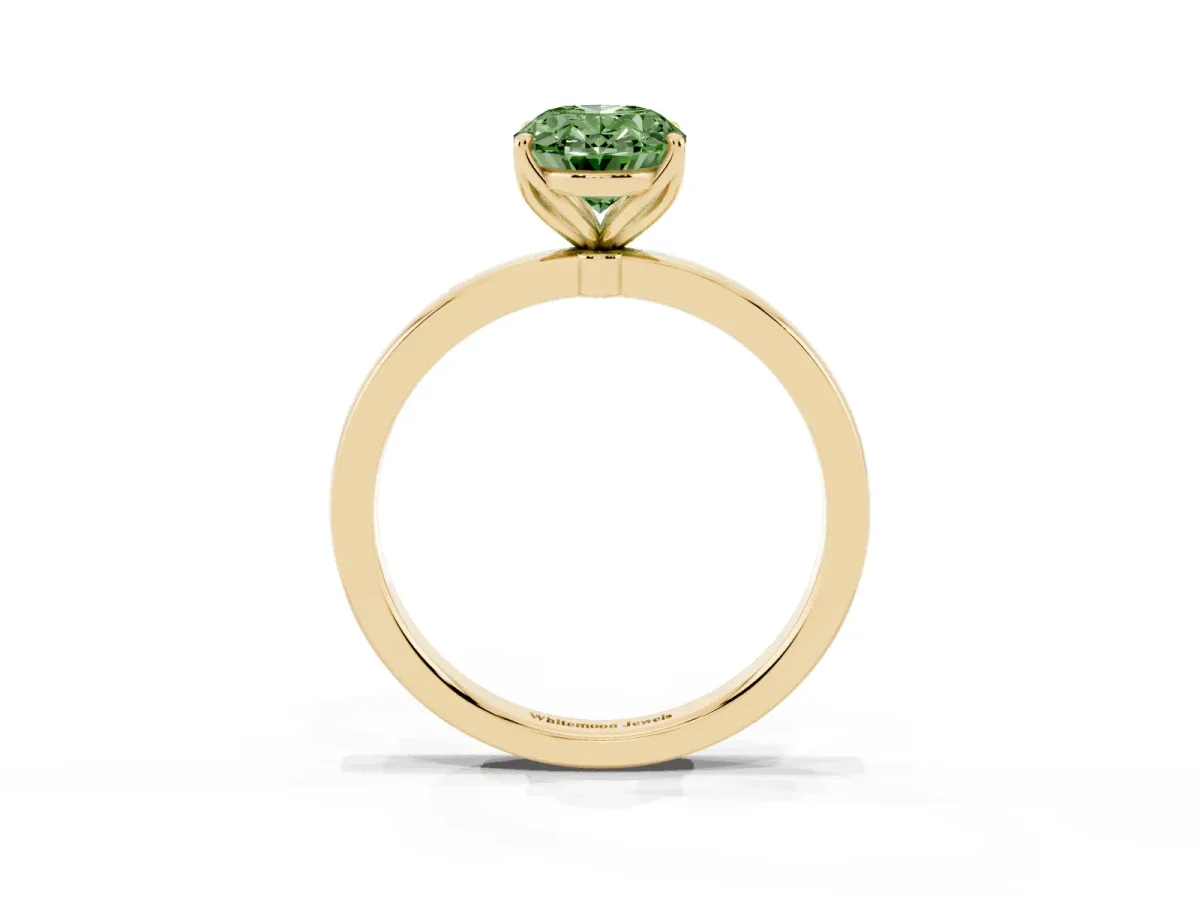 Fancy Green Oval Cut Diamond Solitaire Ring with Thin Band and Prong Setting Yellow gold