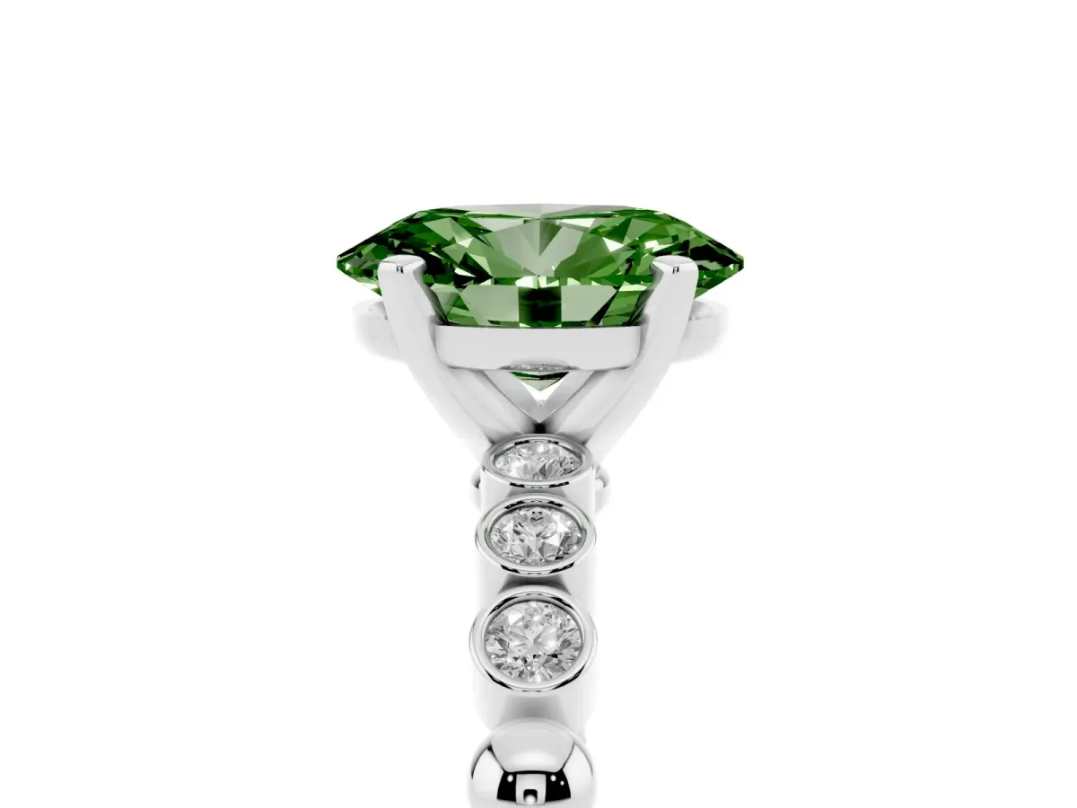 Fancy Green Oval Cut Solitaire Bezel Accent Diamond Engagement Ring with Beaded Band and Four-Prong Setting Silver