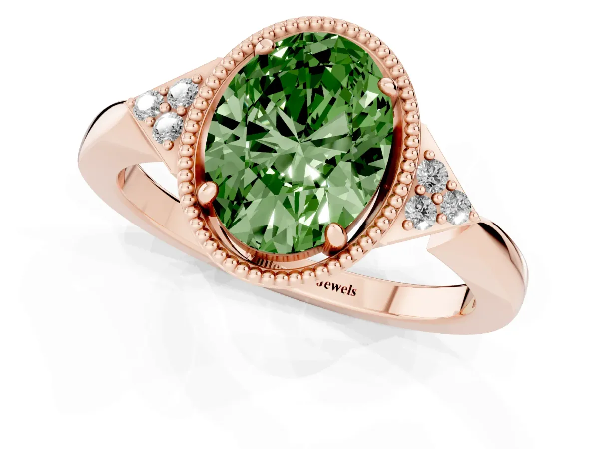 Fancy Green Oval Cut Diamond Halo Ring with Tapered Band and Four-Prong Setting Rose gold