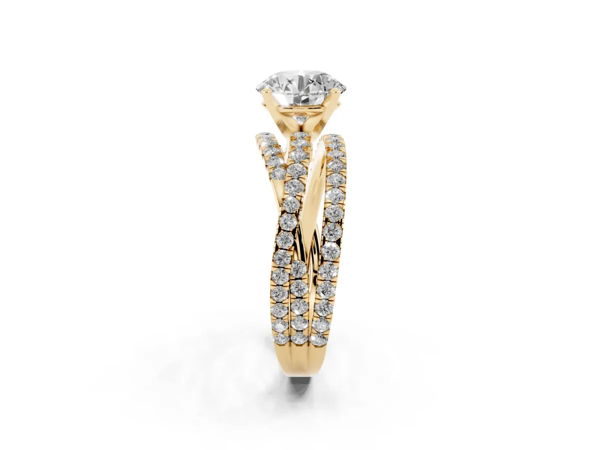 Round Cut Solitaire Twist Band with Pavé Setting and Four-Prong Setting Yellow gold