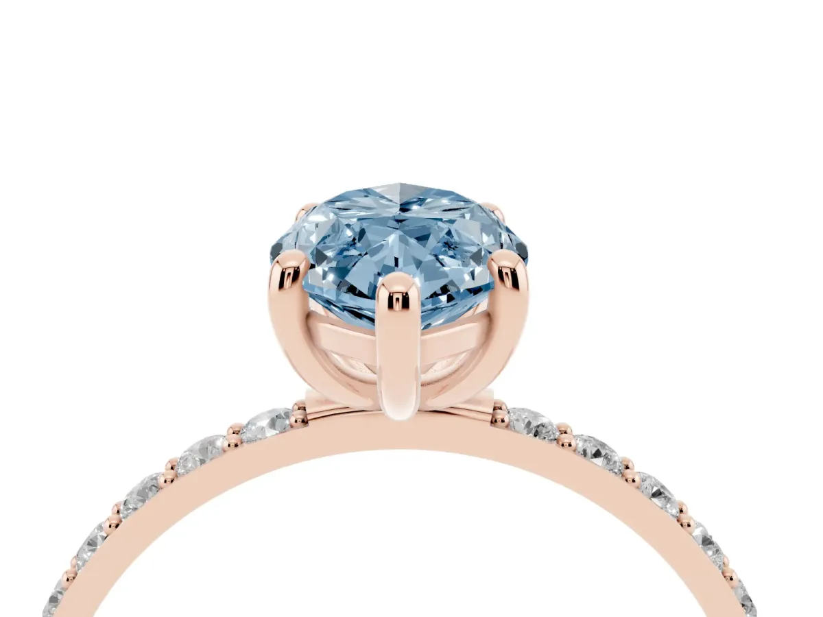 Fancy Blue Marquise Cut Diamond Solitaire Ring with Round Pavé Band and Prong Setting Rose gold