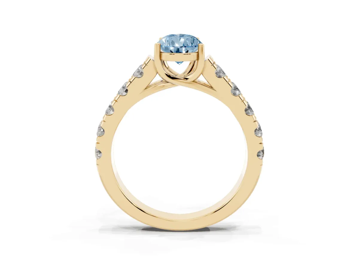 Fancy Blue Pear Cut Cut Diamond Solitaire Ring with Micro Pave Band and Prong Setting Yellow gold