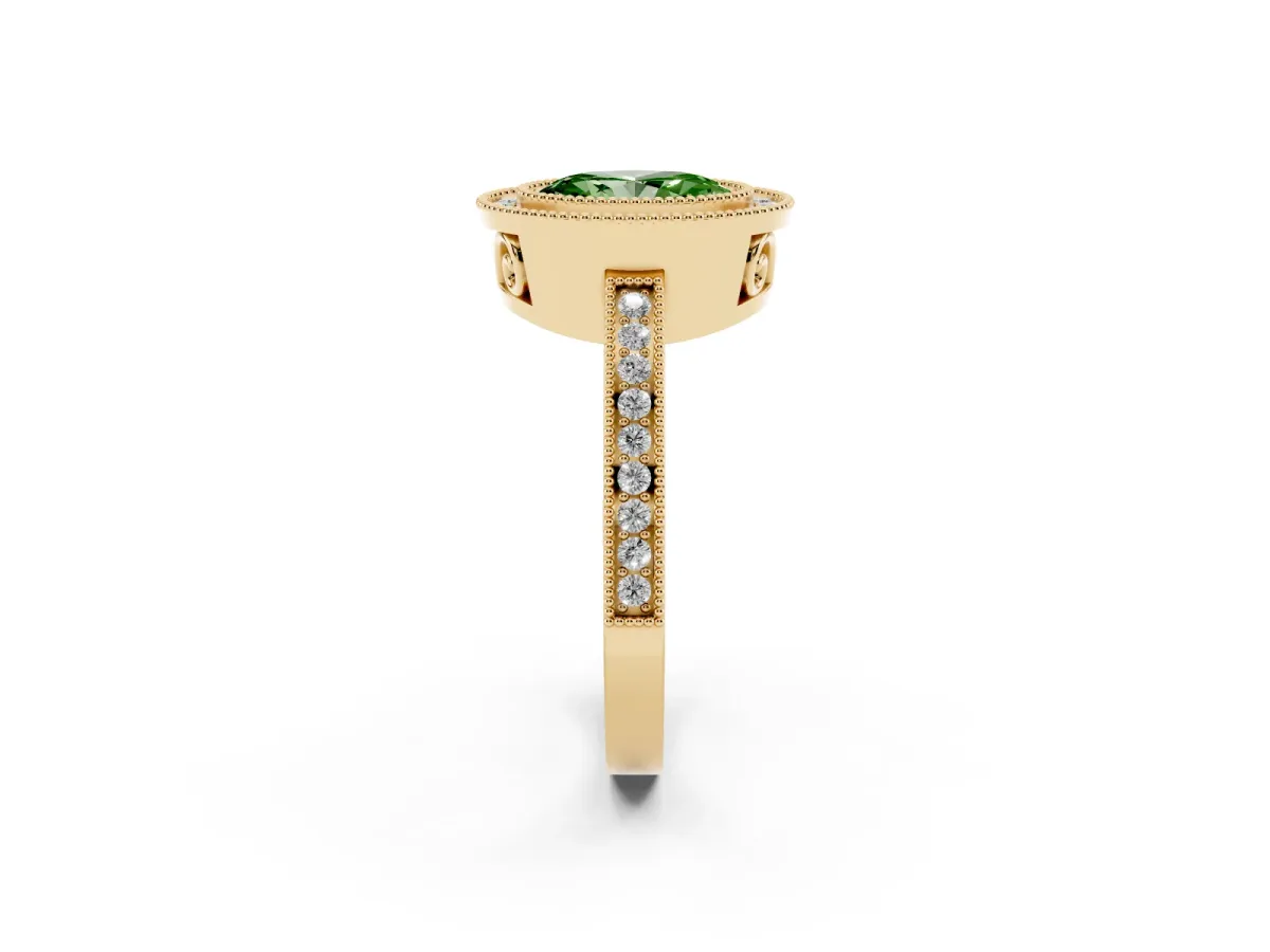 Fancy Green Oval Cut Cut Halo Diamond Ring with Pavé Band and Milgrain Prong Setting Yellow gold