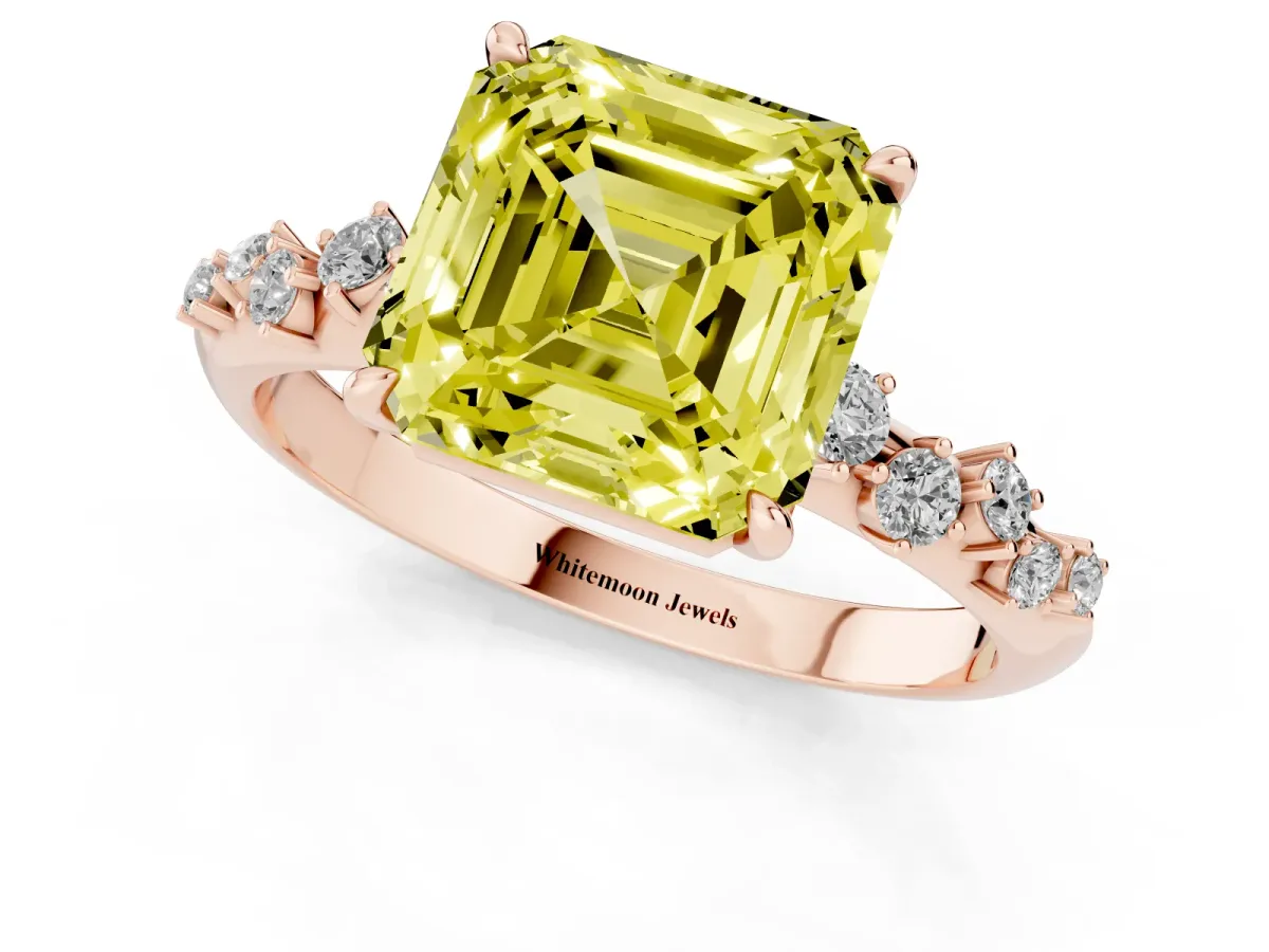 Fancy Yellow Asscher Cut Diamond Cluster Side Stone Solitaire Ring with Prong Setting Rose gold