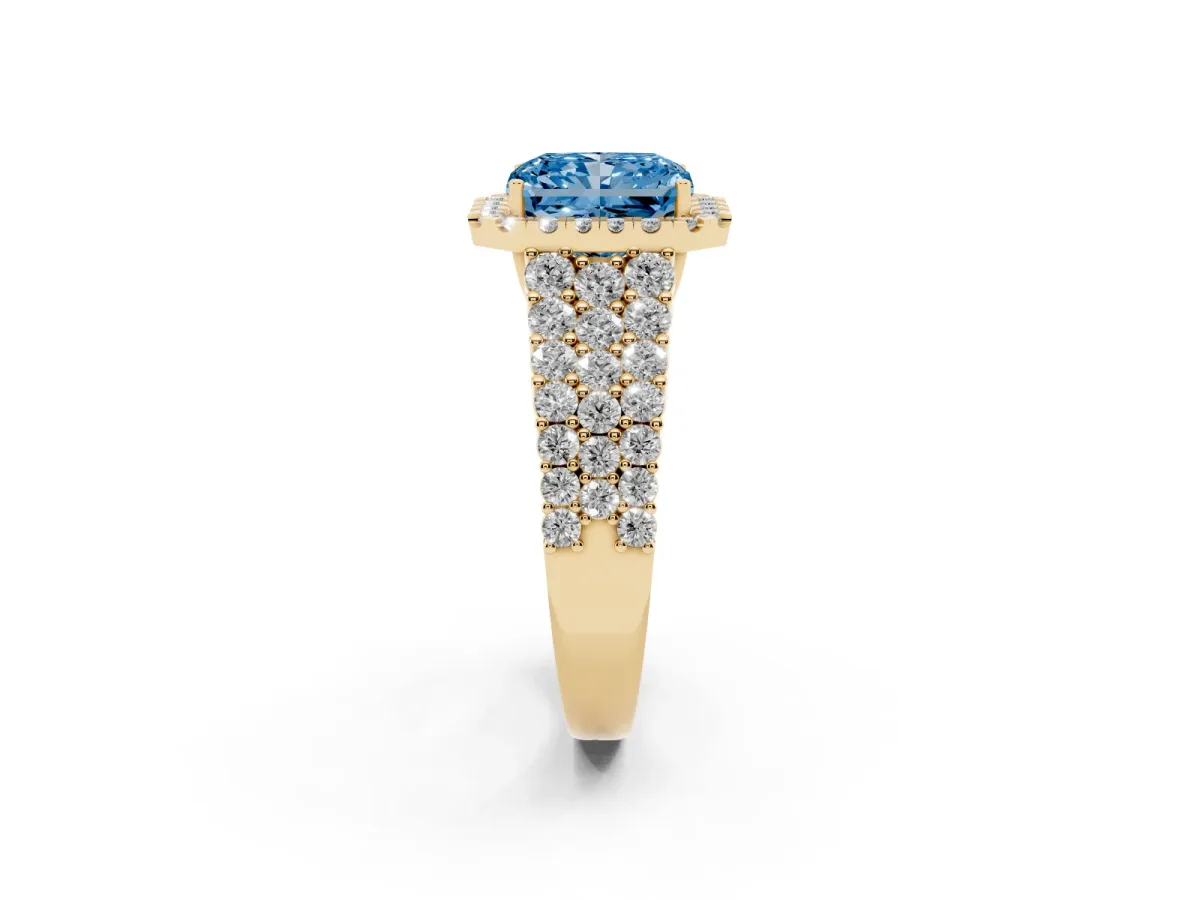 Fancy Blue Radiant Cut Diamond Halo Engagement Ring with Triple Row Round Pavé Band and Prong Setting Yellow gold