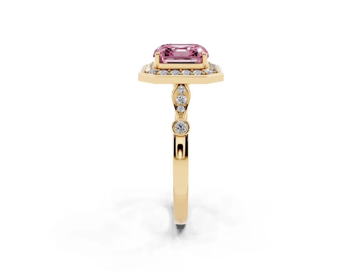 Fancy Pink Asscher Cut Halo Diamond Engagement Ring with Twisted Band and Four-Prong Setting Yellow gold
