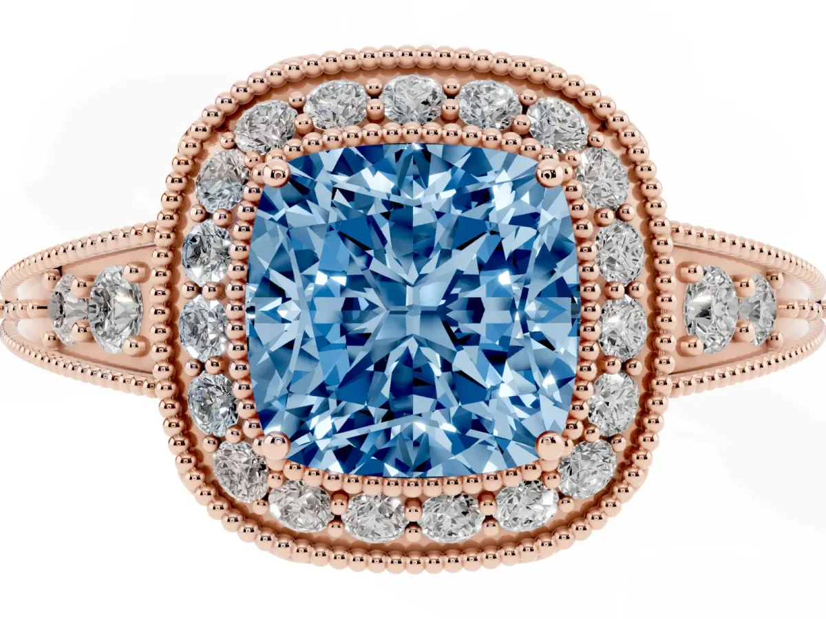 Fancy Blue Cushion Cut Halo Diamond Split Shank Ring with Milgrain Detail Rose gold