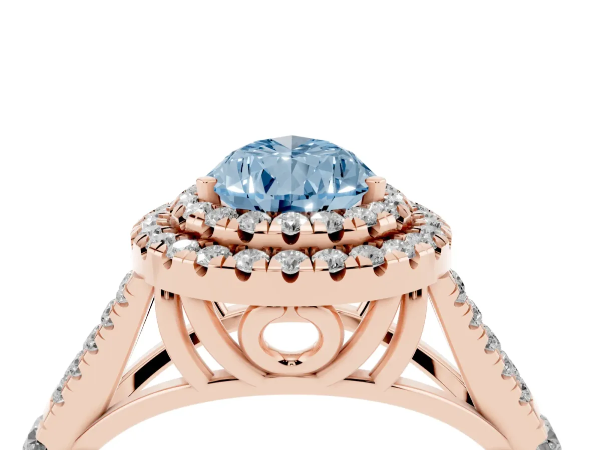 Fancy Blue Pear Cut Diamond Double Halo Ring with Split Shank and Prong Setting Rose gold