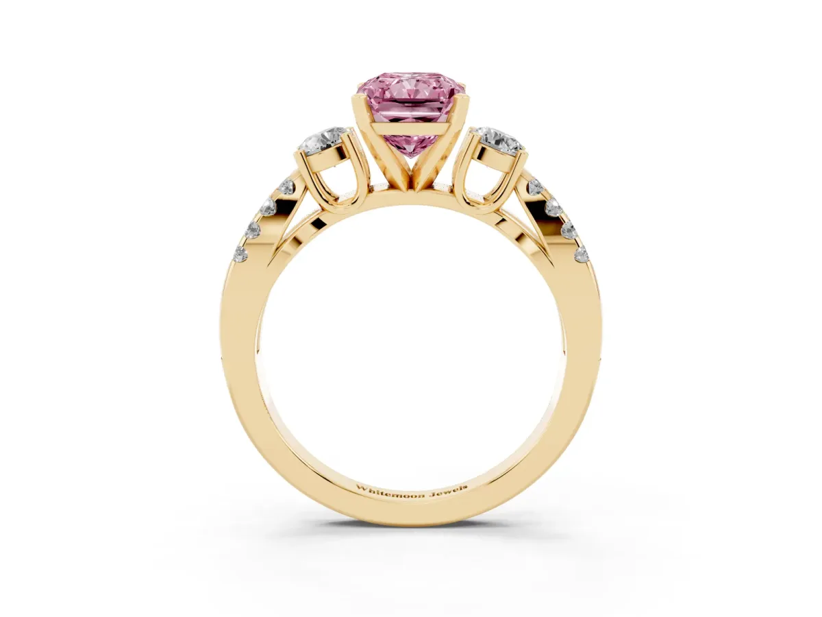 Fancy Pink Radiant Cut Diamond Three-Stone Ring with Pavé Split Shank and Four-Prong Setting Yellow gold