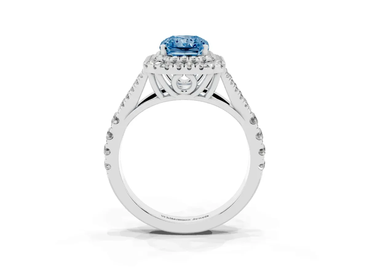 Fancy Blue Radiant Cut Diamond Pavé Split Shank Double Halo Engagement Ring Silver