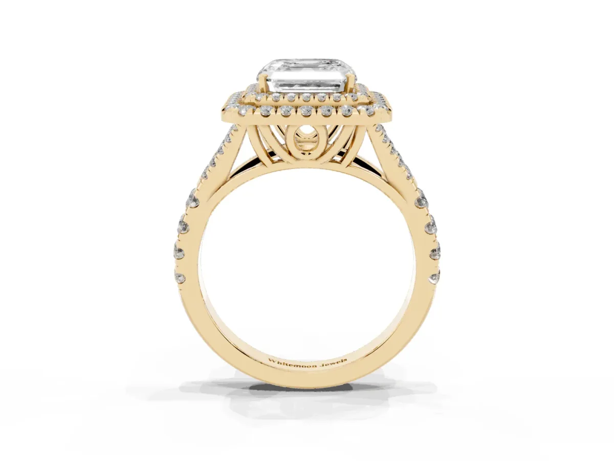 Asscher Cut Cut Double Halo Split Shank Diamond Ring with Prong Setting Yellow gold