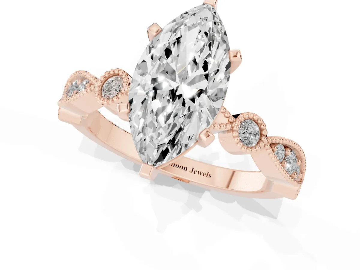 Marquise Cut Milgrain Bezel Diamond Engagement Ring with Solitaire Prong Setting Rose gold