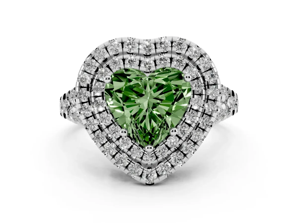 Fancy Green Double Halo Heart Cut Diamond Pavé Split Shank Ring with Prong Setting Platinum