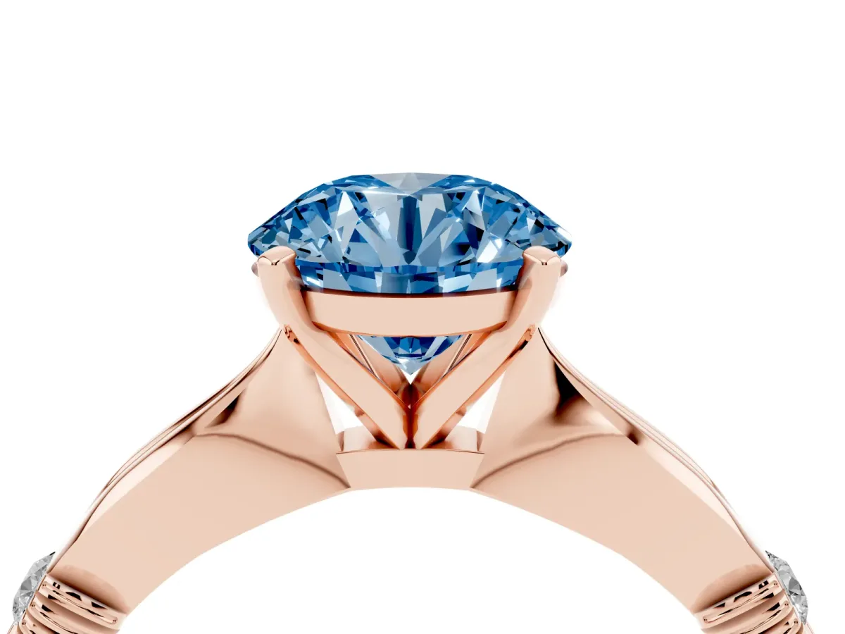 Fancy Blue Round Cut Solitaire Diamond Twisted Band with Four-Prong Setting Rose gold