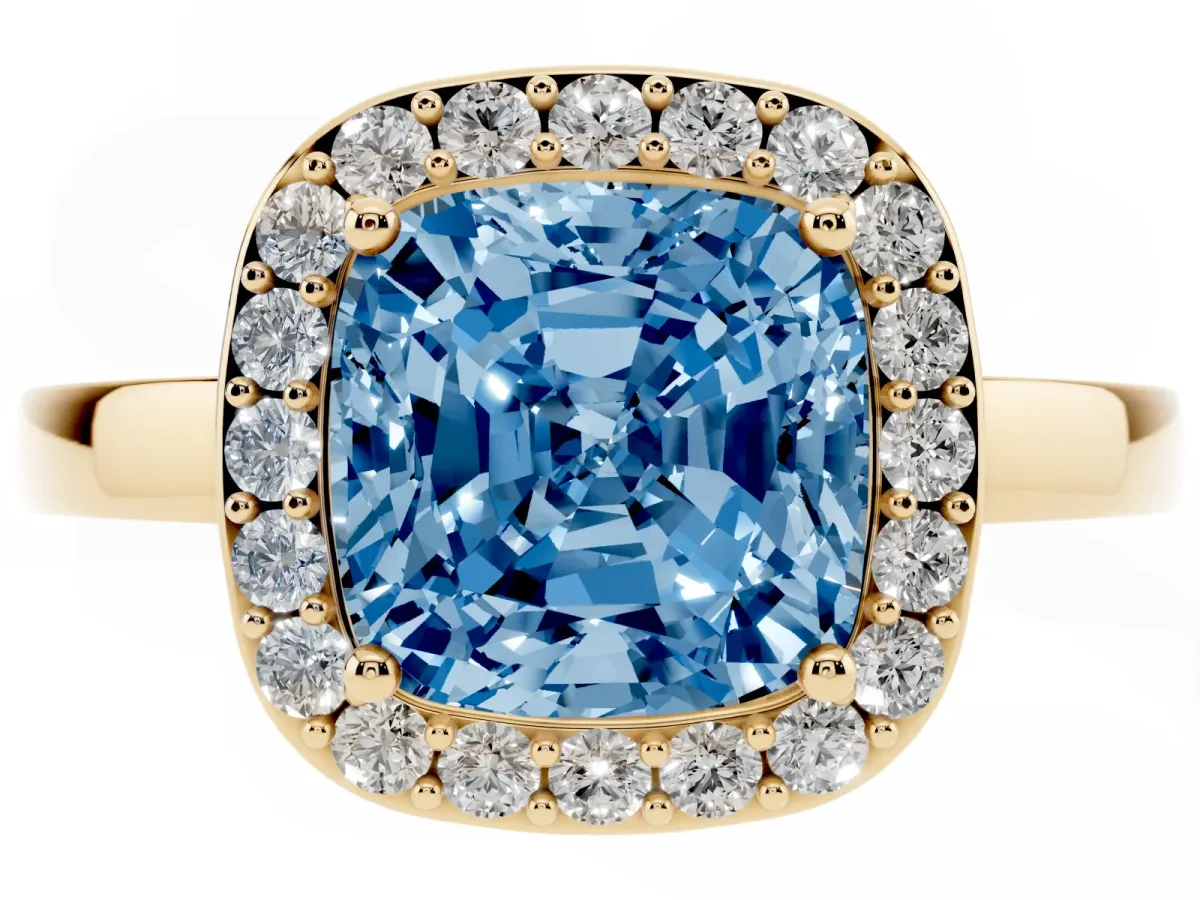 Fancy Blue Cushion Cut Halo Diamond Ring with Solitaire Band and Prong Setting Yellow gold