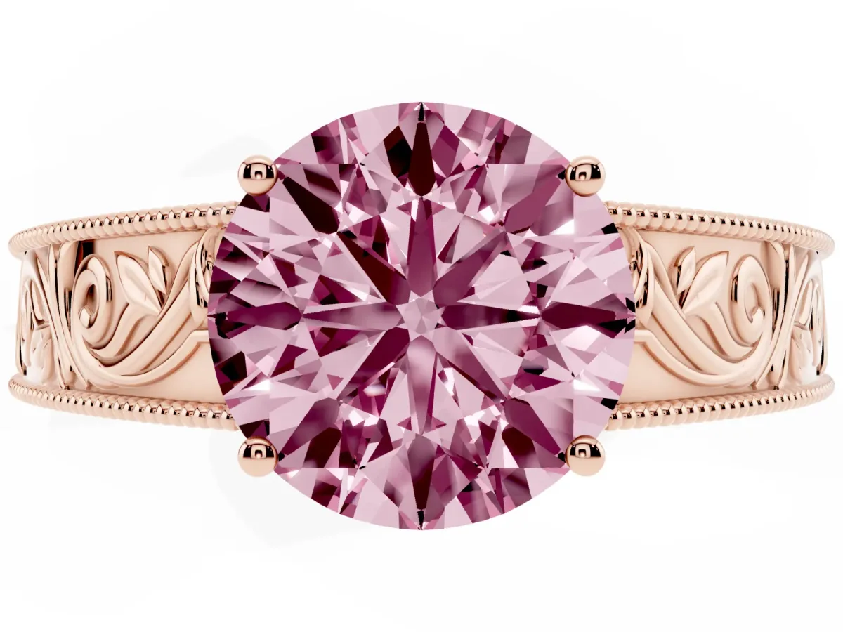 Fancy Pink Round Cut Diamond Solitaire Ring with Engraved Band and Four-Prong Setting Rose gold