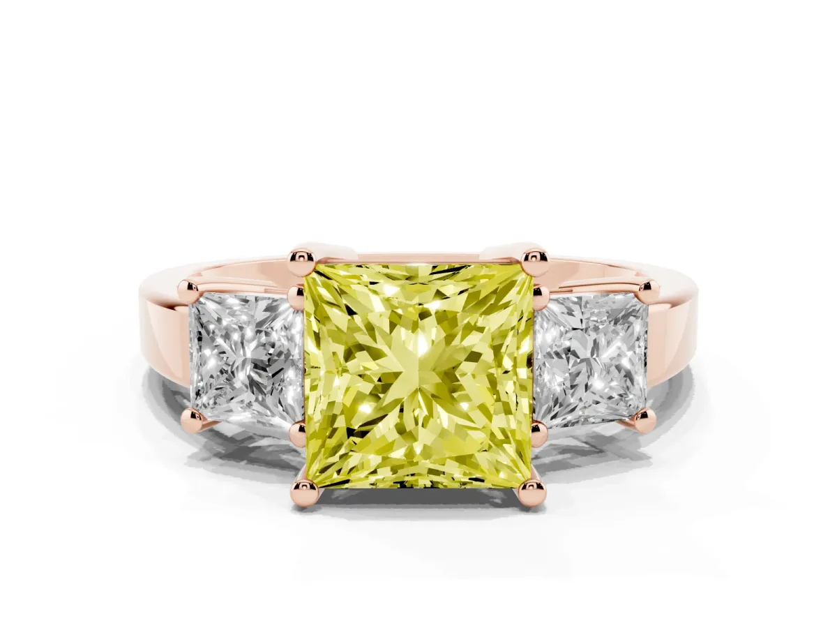 Fancy Yellow Three-Stone Princess Cut Cut Solitaire Ring with Prong Setting Rose gold