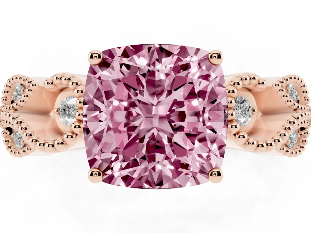 Fancy Pink Cushion Cut Solitaire Milgrain Leaf Band with Prong Setting Rose gold