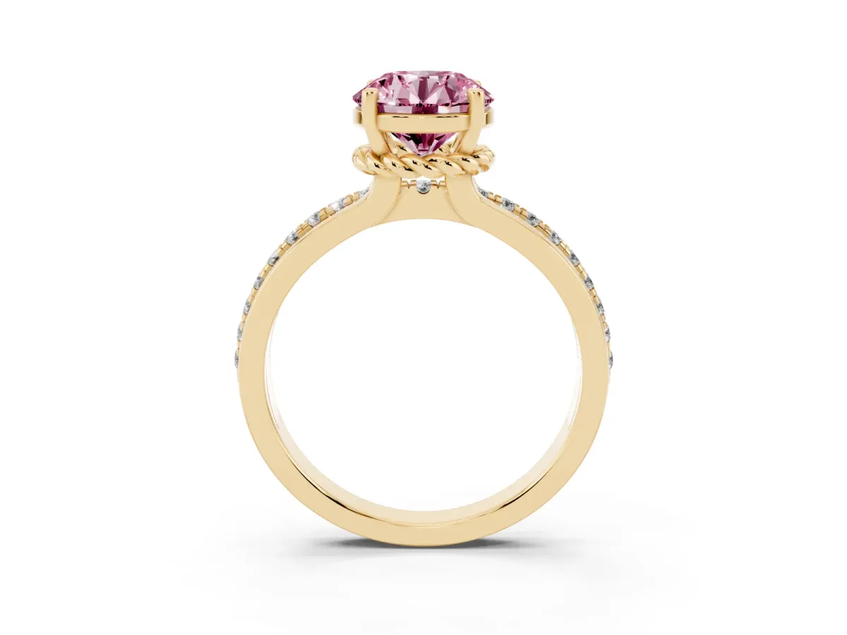 Fancy Pink Round Cut Solitaire Diamond Ring with Channel Set Band and Six-Prong Setting Yellow gold