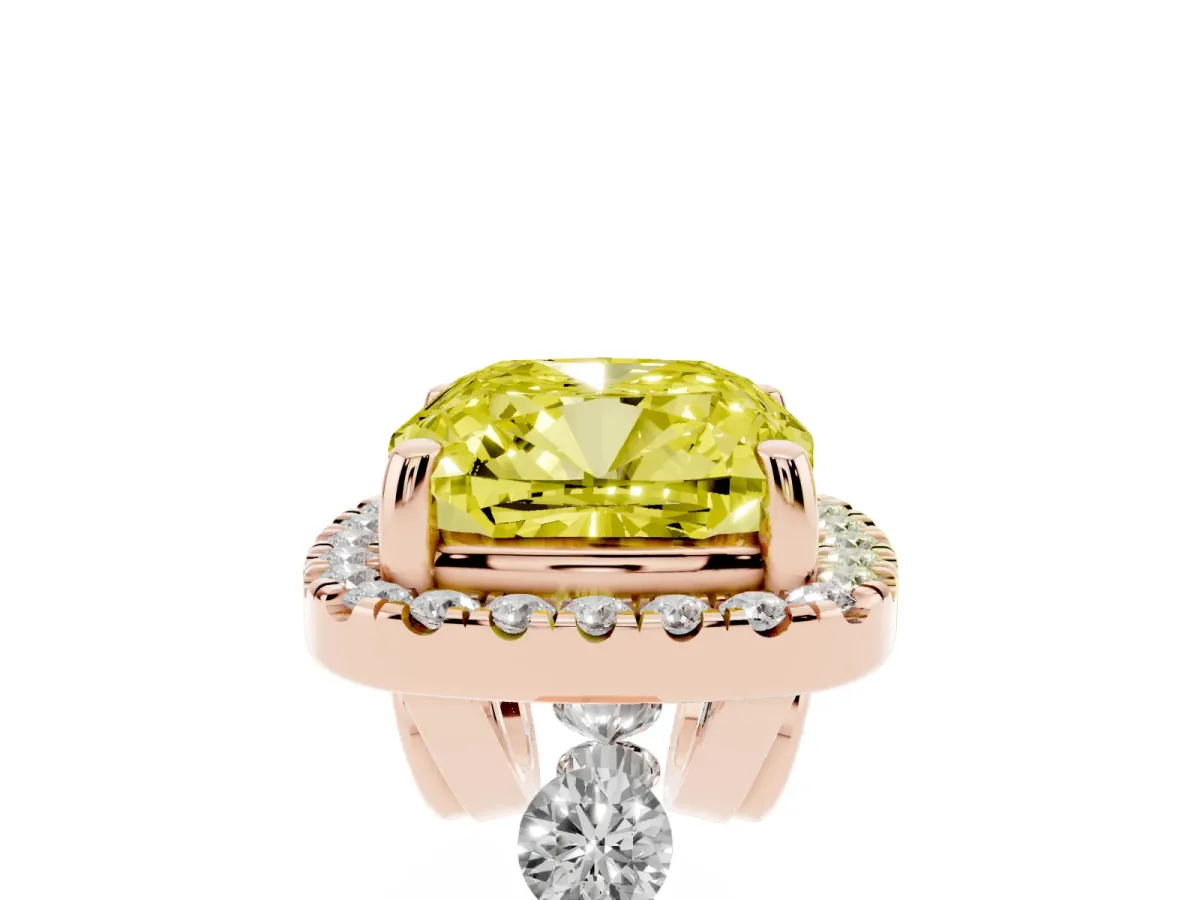 Fancy Yellow Cushion Cut Halo Pavé Diamond Engagement Ring with Four-Prong Setting Rose gold