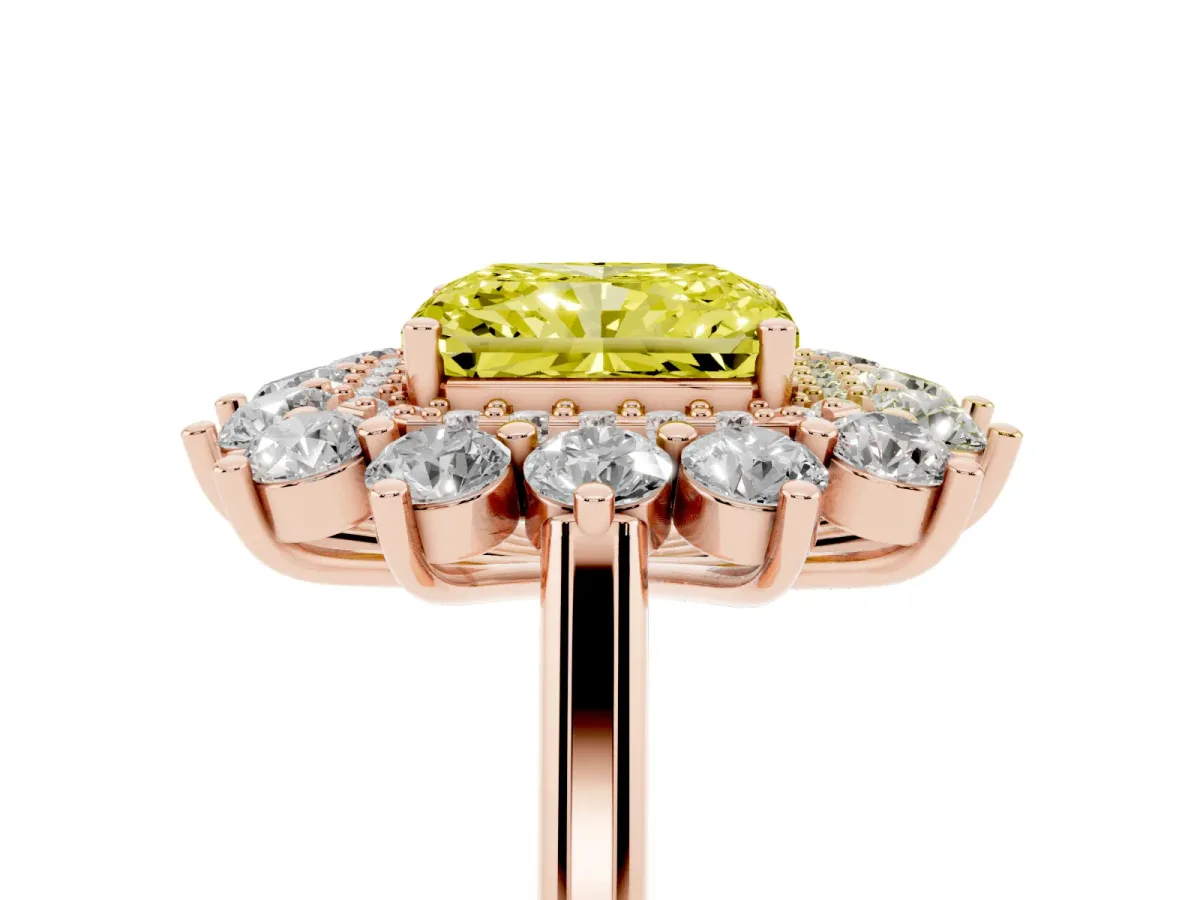 Fancy Yellow Radiant Cut Diamond Floral Double Halo Engagement Ring with Prong Setting Rose gold