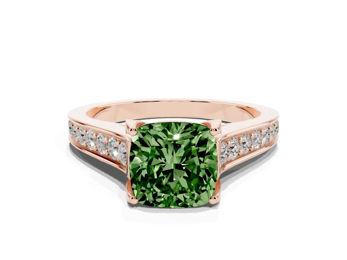 Fancy Green Cushion Cut Brilliant Cut Diamond Engagement Ring with Pavé Band and Four-Prong Setting Rose gold