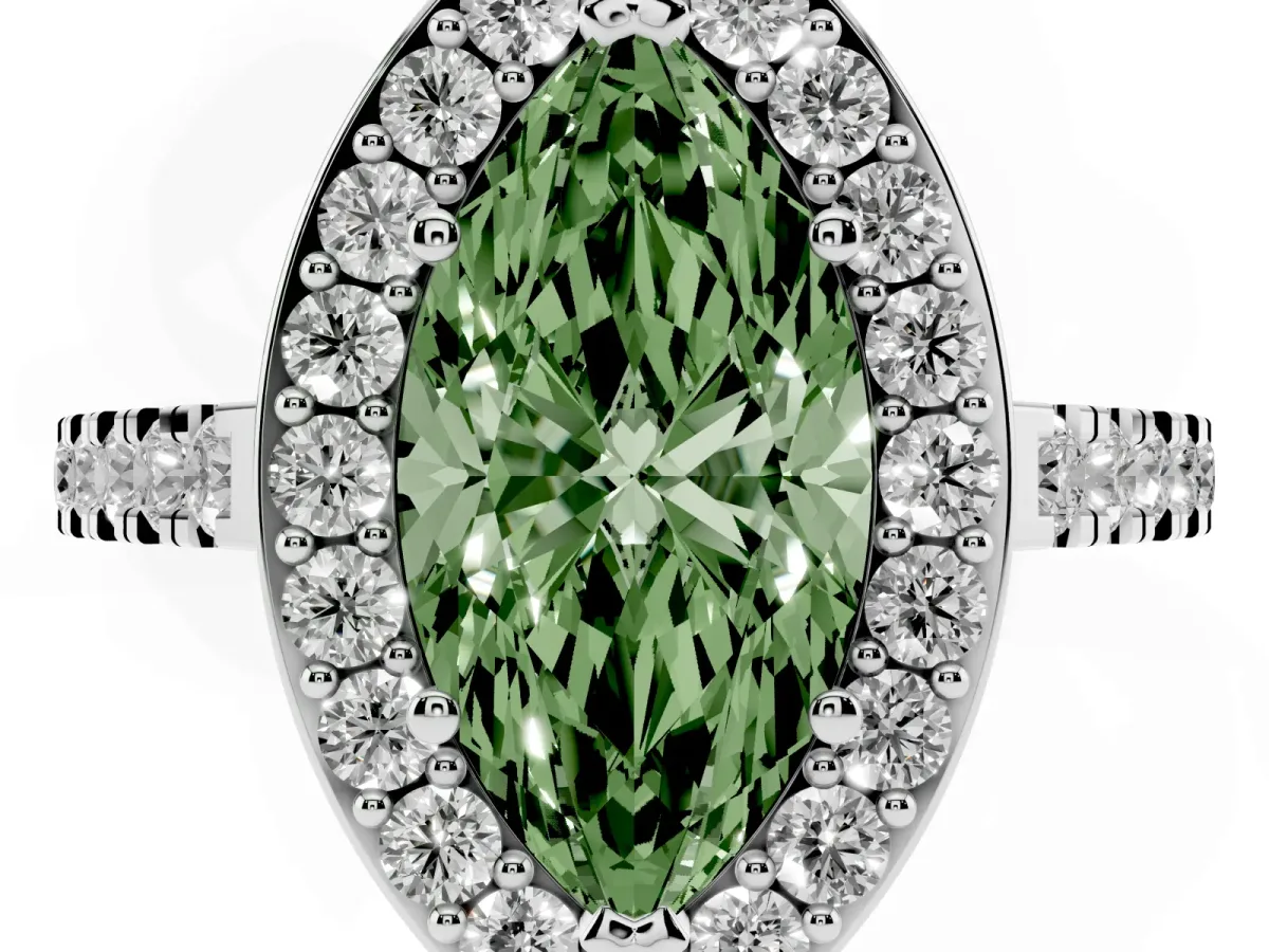 Fancy Green Marquise Cut Diamond Halo Ring with Round Pavé Split Shank and Prong Setting Silver