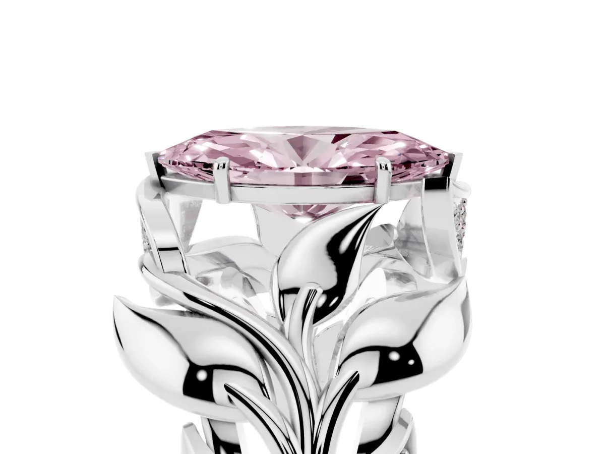 Fancy Pink Marquise Cut Diamond Leaf-Inspired Engagement Ring with Round Accents and Prong Setting Silver
