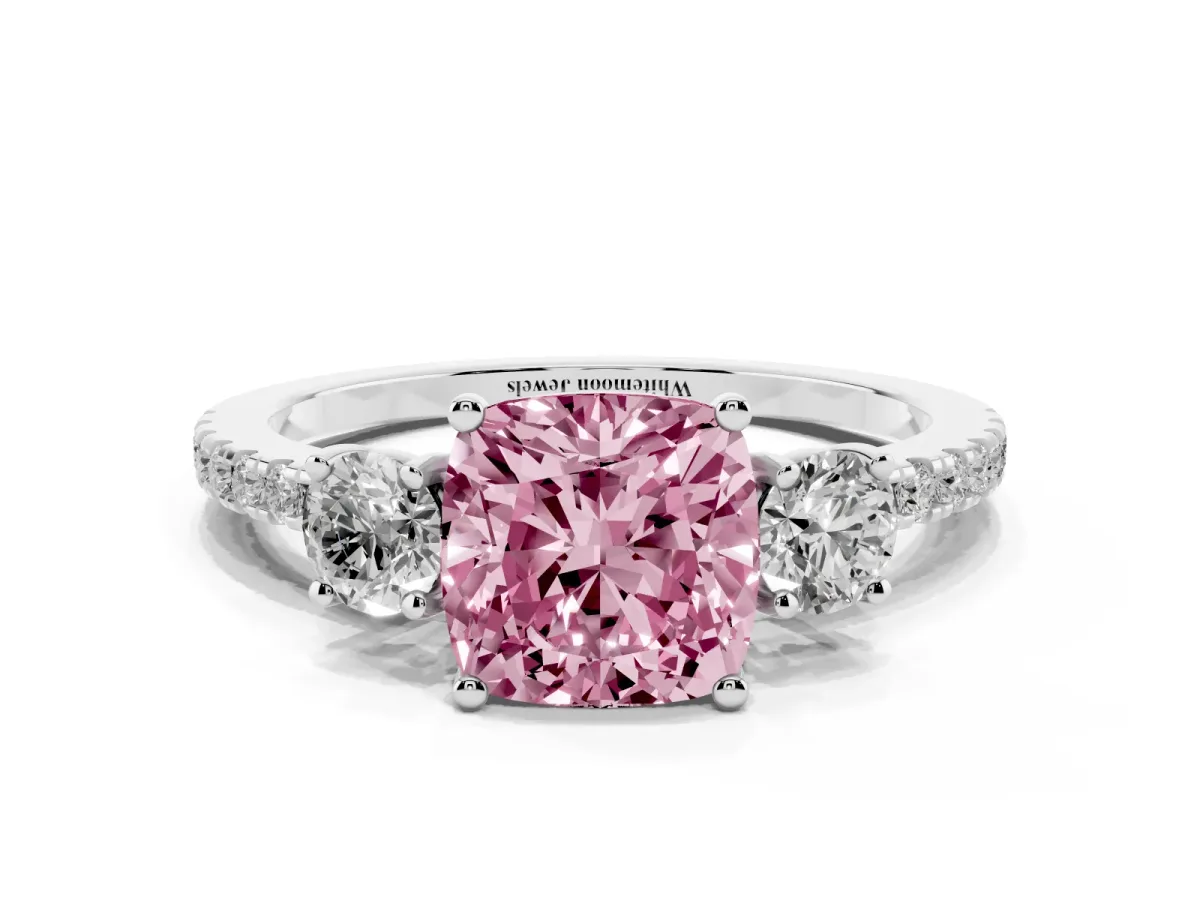 Fancy Pink Three-Stone Cushion Cut Cut Diamond Pavé Band with Prong Setting Platinum