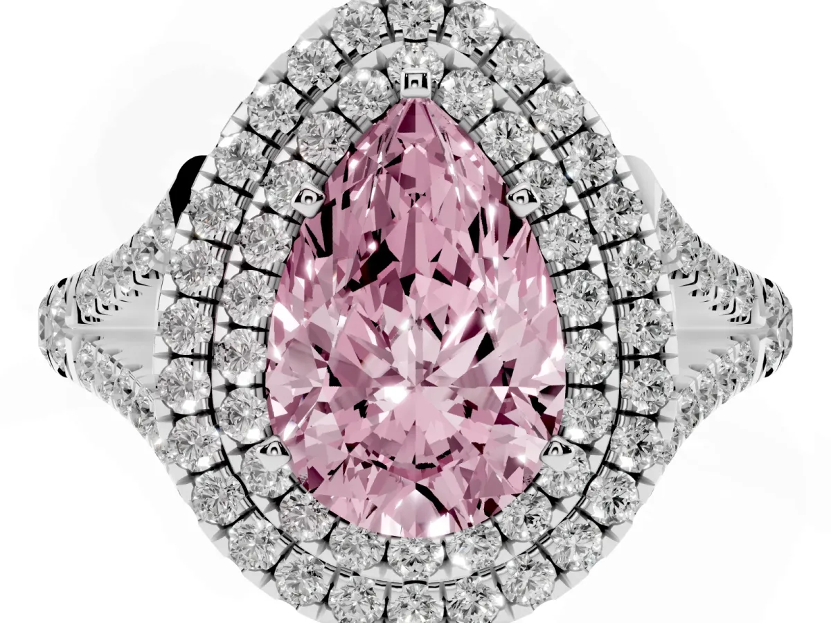 Fancy Pink Pear Cut Diamond Double Halo Ring with Split Shank and Prong Setting Platinum