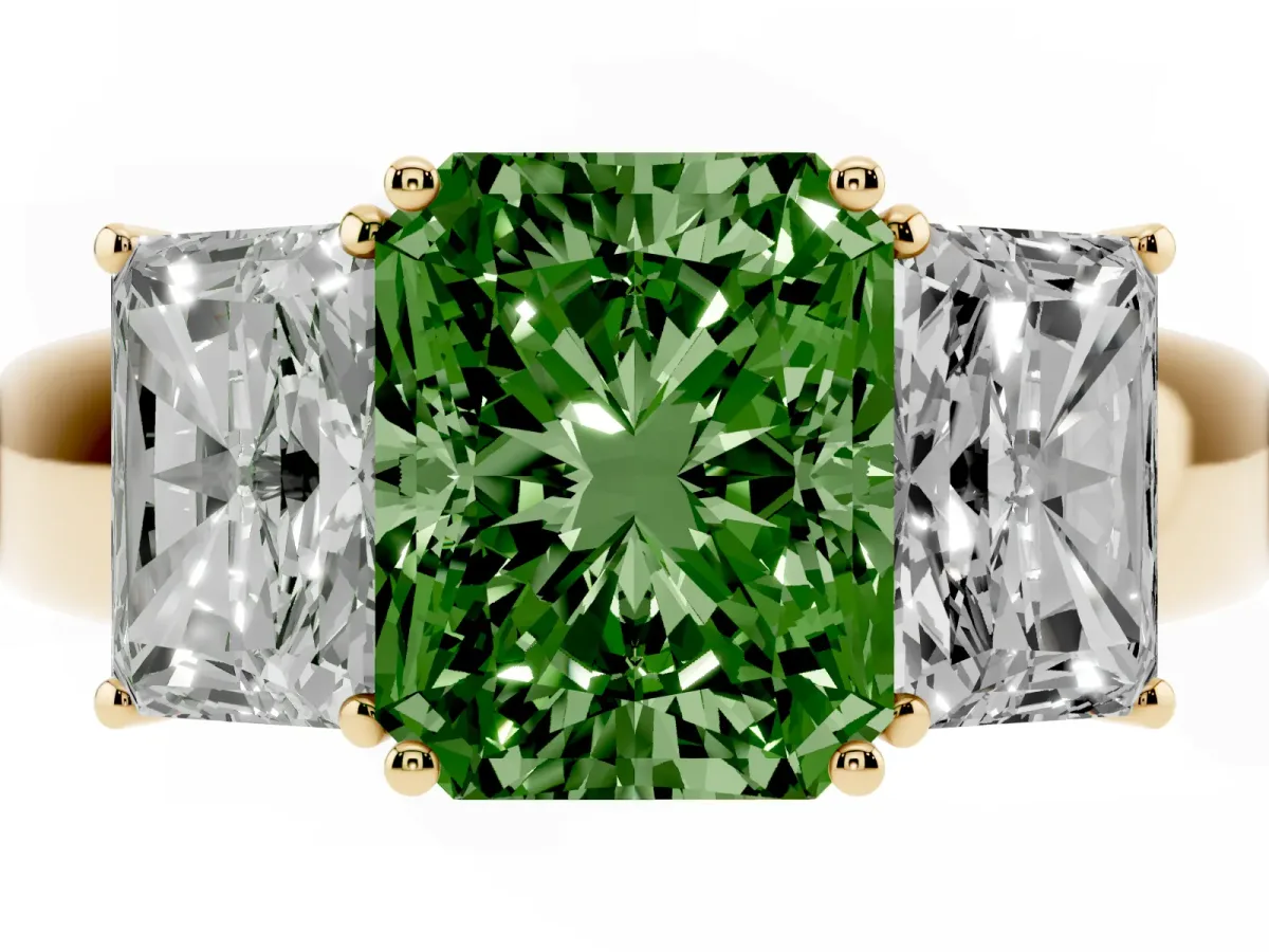 Fancy Green Three-Stone Radiant Cut Cut Diamond Ring with Prong Setting and Classic Band Yellow gold