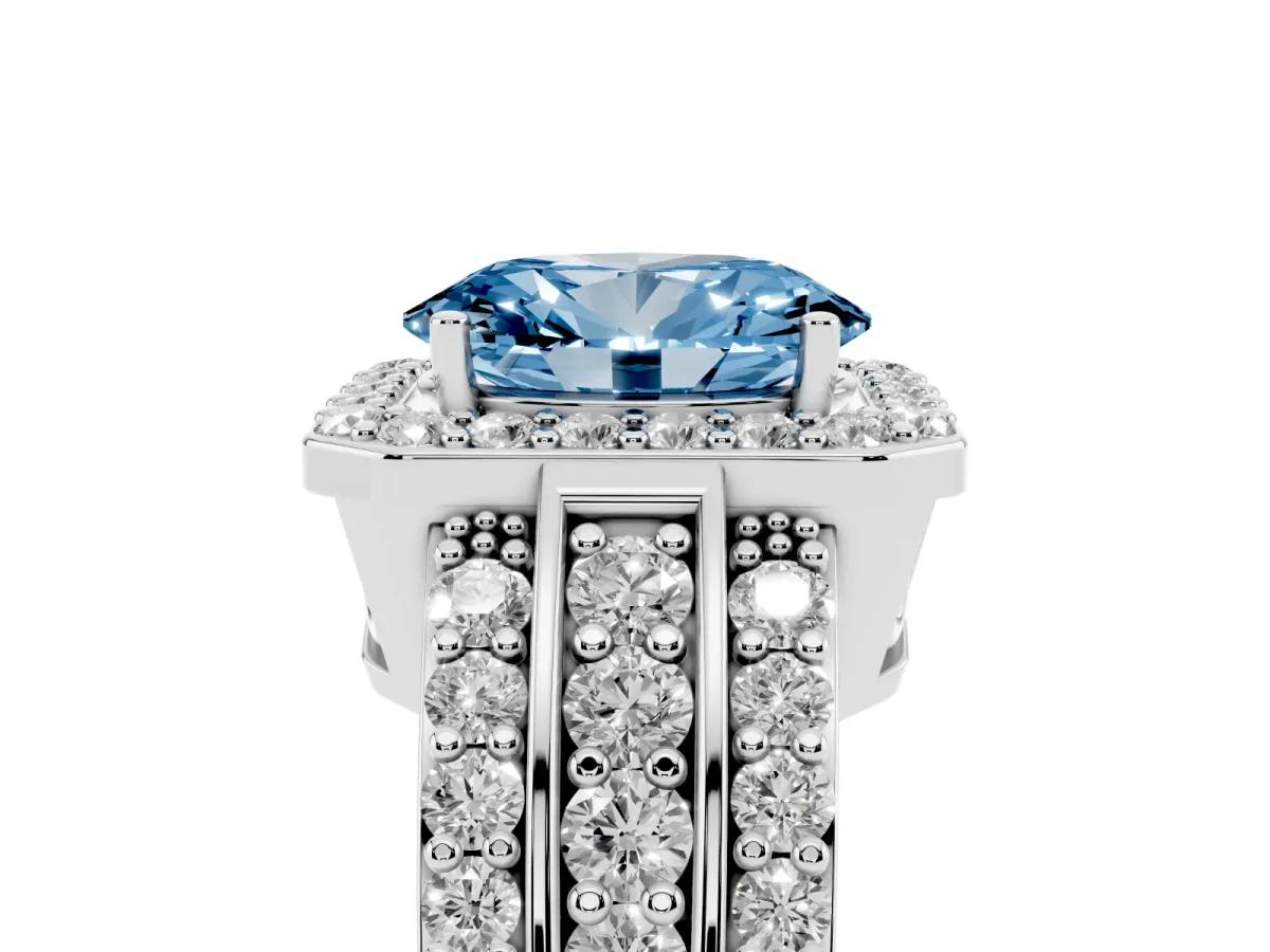 Fancy Blue Oval Cut Halo Diamond Ring with Round Split Shank and Prong Setting White gold