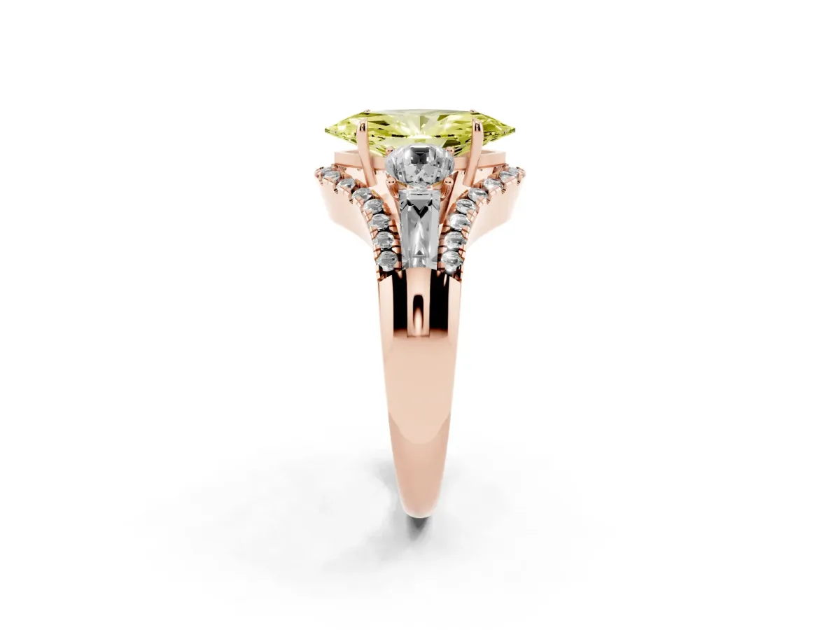 Fancy Yellow Three-Stone Marquise Cut Diamond Engagement Ring with Pave Band and Prong Setting Rose gold